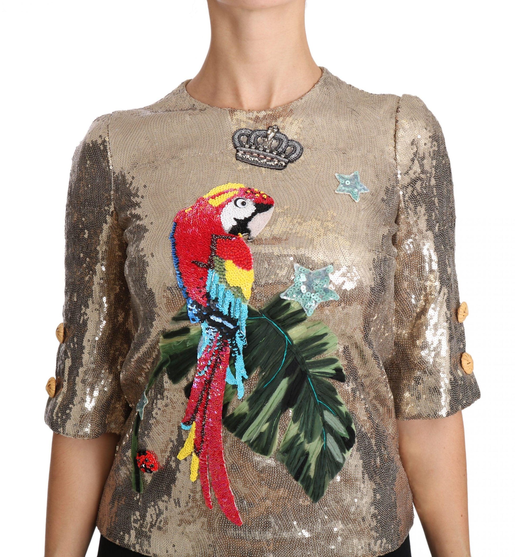 Dolce & Gabbana Gold Parrot Motif Crewneck Blouse with Crystals - Arichezz.store