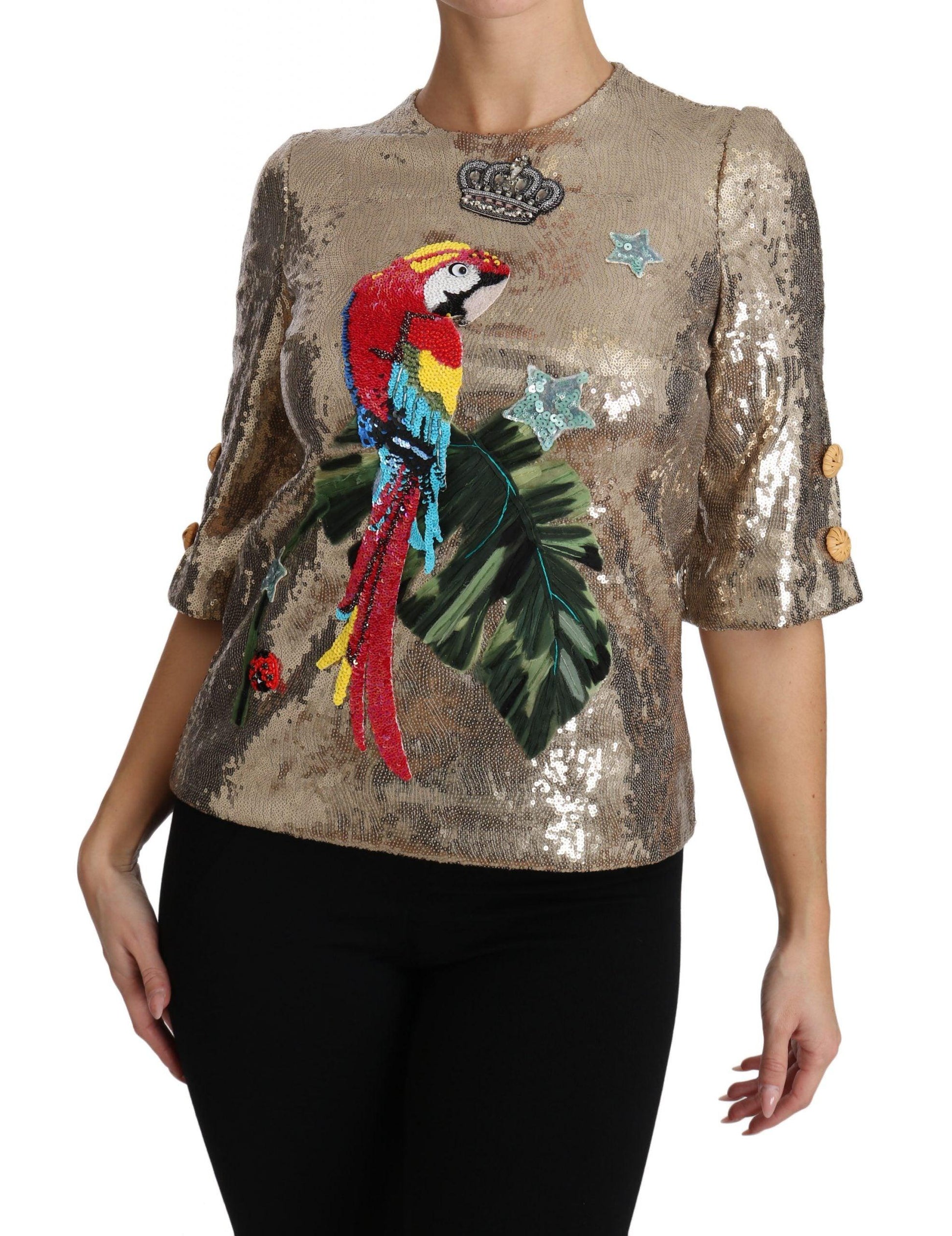 Dolce & Gabbana Gold Parrot Motif Crewneck Blouse with Crystals - Arichezz.store