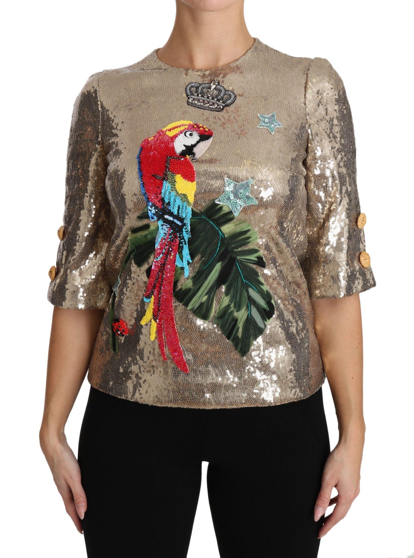 Dolce & Gabbana Gold Parrot Motif Crewneck Blouse with Crystals - Arichezz.store