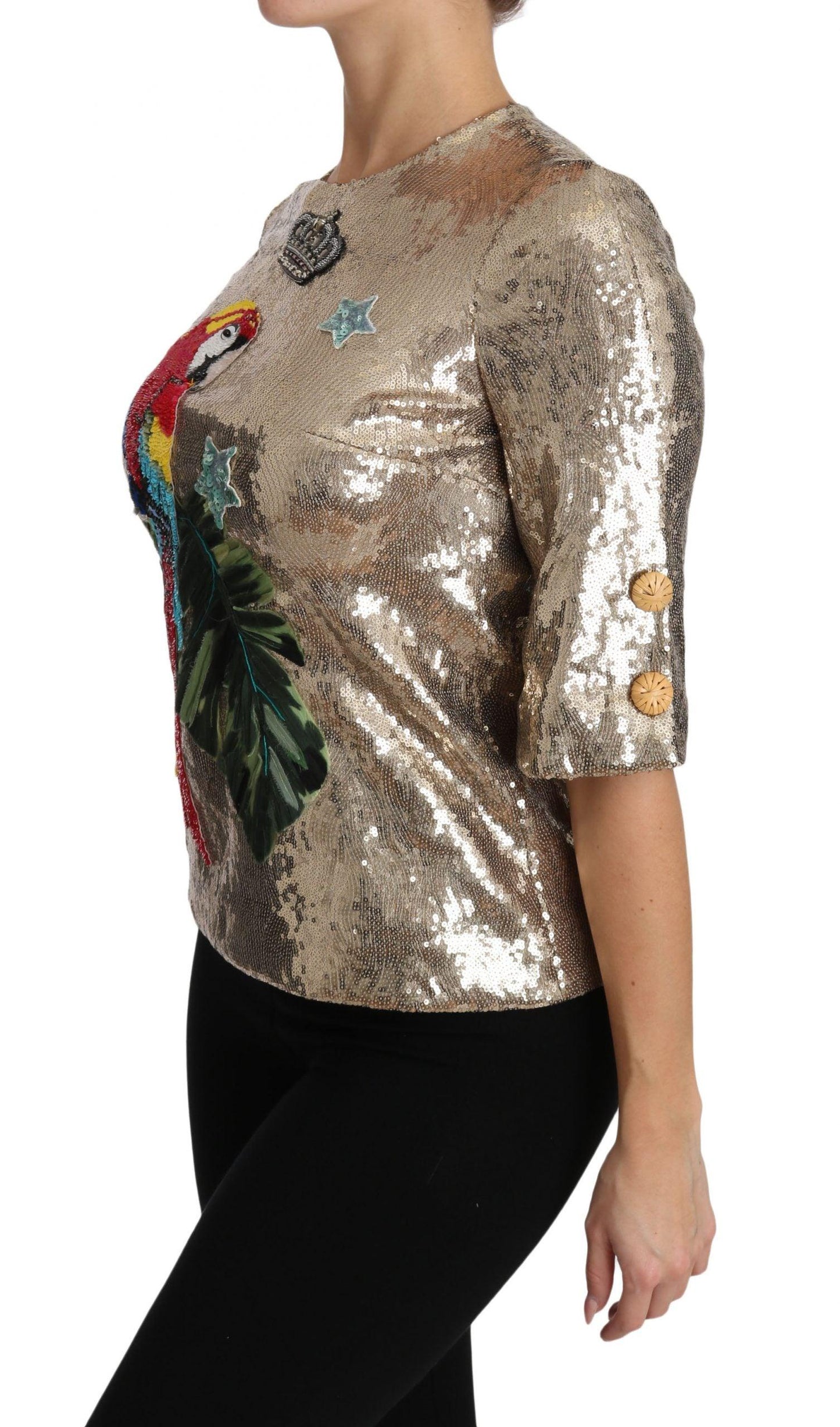 Dolce & Gabbana Gold Parrot Motif Crewneck Blouse with Crystals - Arichezz.store