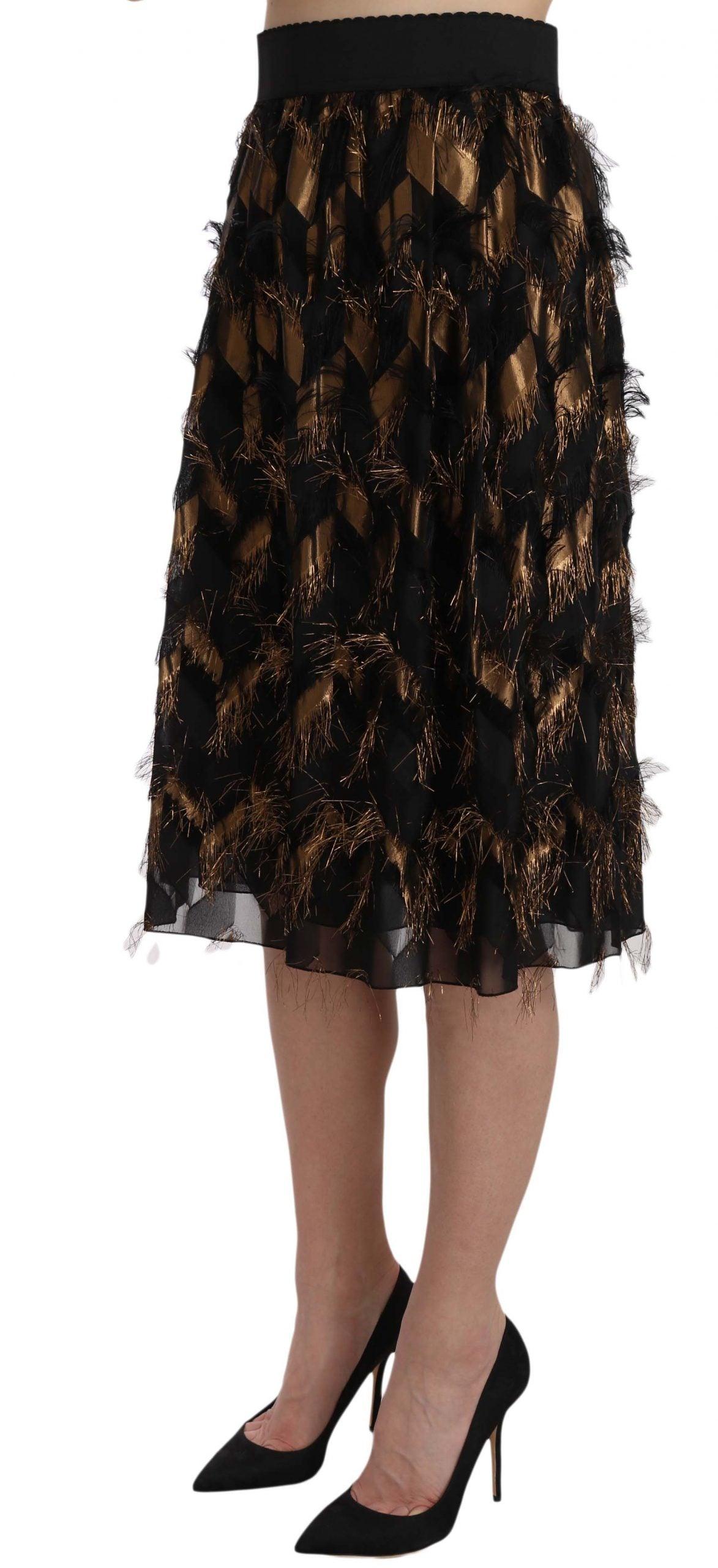 Dolce & Gabbana Elegant Gold Black Silk Blend High Waist Skirt - Arichezz.store