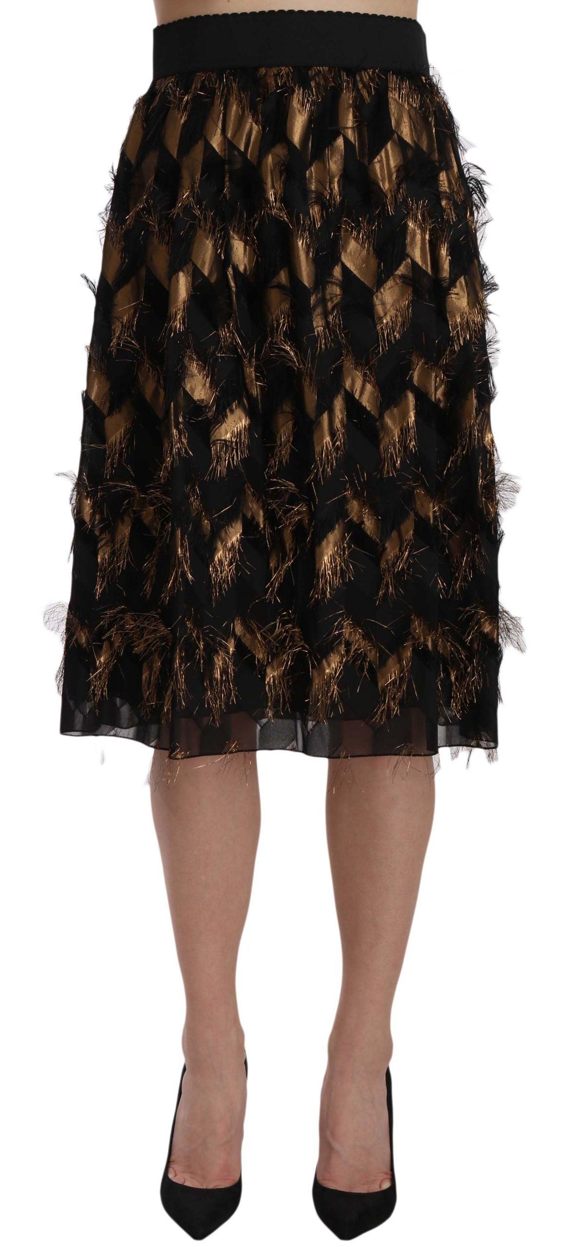 Dolce & Gabbana Elegant Gold Black Silk Blend High Waist Skirt - Arichezz.store