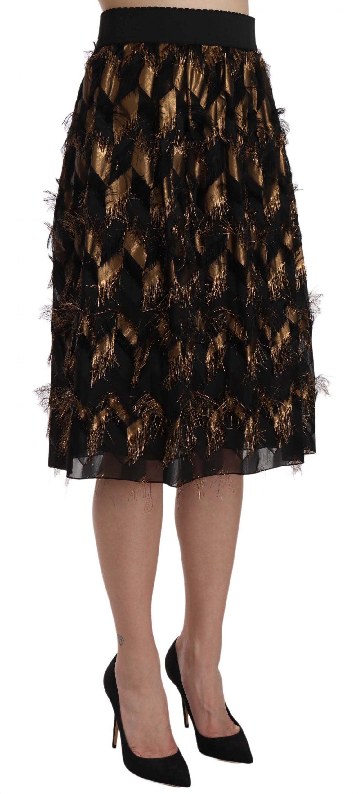 Dolce & Gabbana Elegant Gold Black Silk Blend High Waist Skirt - Arichezz.store