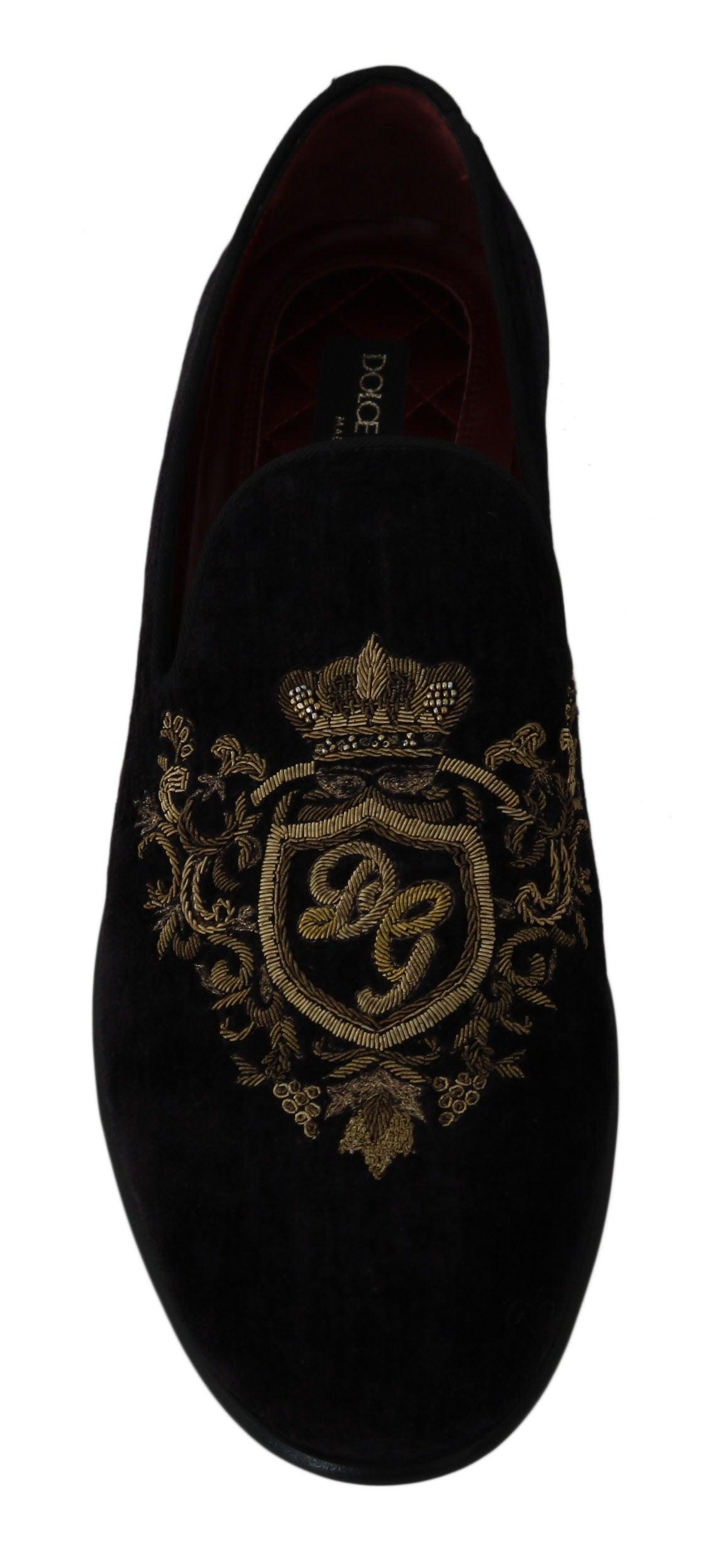 Dolce & Gabbana Elegant Black Loafers with Gold Crown Embroidery - Arichezz.store