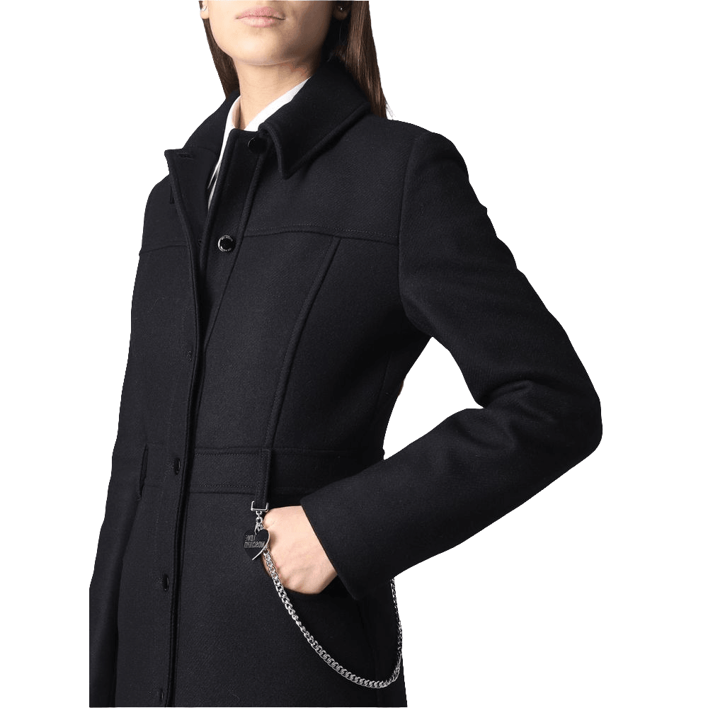 Love Moschino Elegant Black Wool Coat with Silver Chain Detail - Arichezz.store